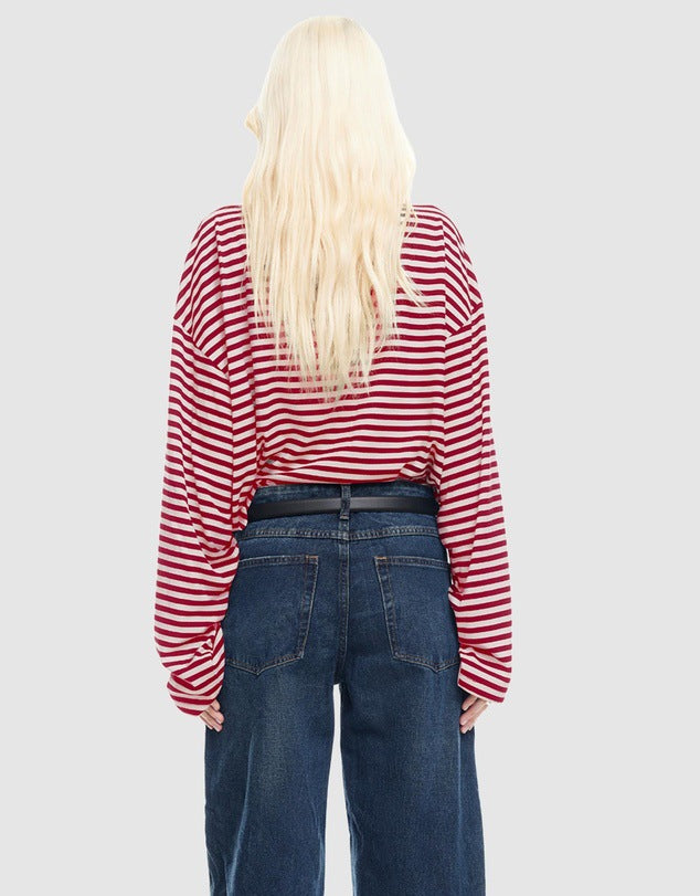 Round Neck Striped Long Sleeve Loose Shirt