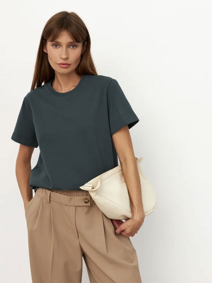 Solid Color Round Neck Loose Short Sleeves Top