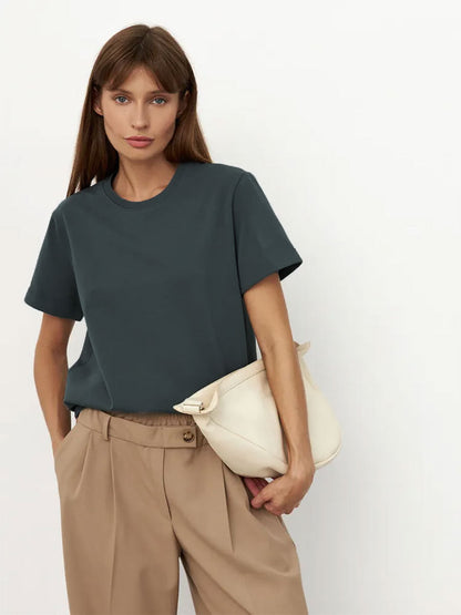 Solid Color Round Neck Loose Short Sleeves Top