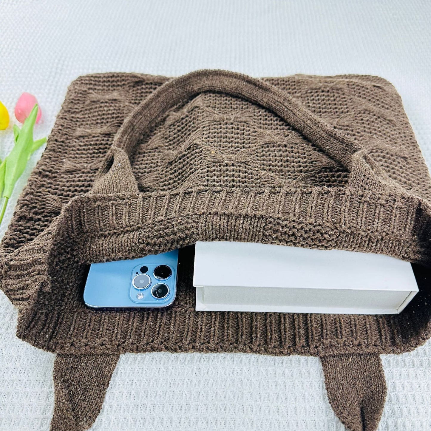 Solid Color large Cpacity Knit Shoulder Tote Bag