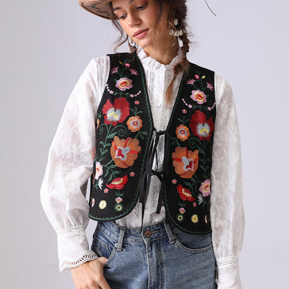 Vintage Flower Embroider String Vest