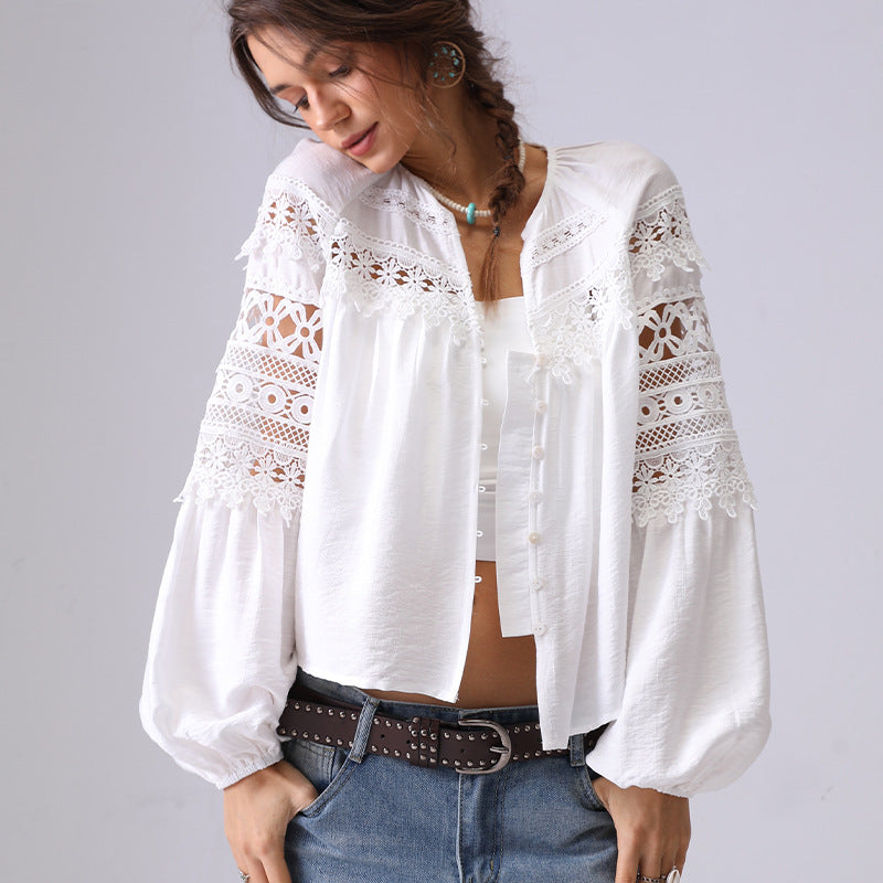 Lace Hollow Out Button Down Shirt
