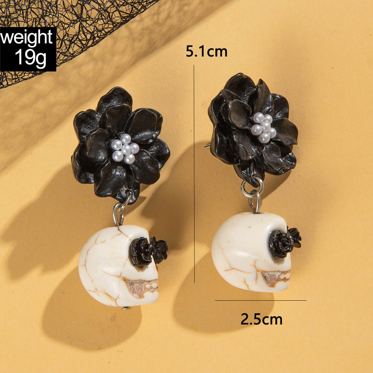Gothic Black Camellia Skull Stud Earrings