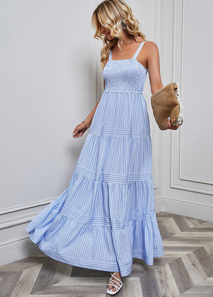 Solid Color Striped Spaghetti Long Dress