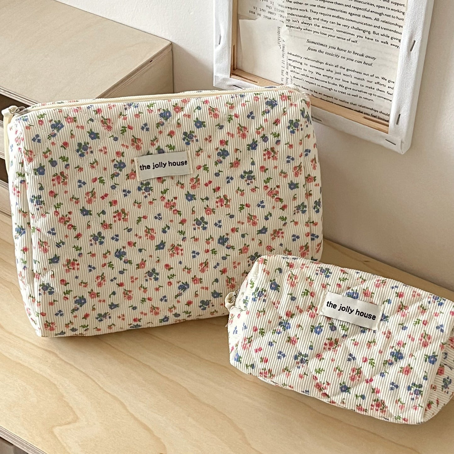 Corduroy Flower Print Sweet Make Up Bag