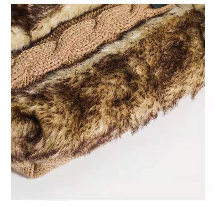 Leopard Knit Patchwork Plush Shoulder Tote Bag