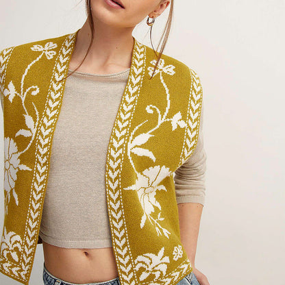 Sexy Jacquard Sleeveless Open Front Knit Vest