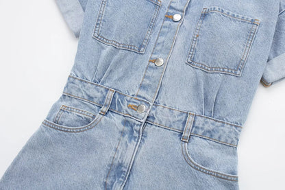 Casual Solid Color Denim Short Romper