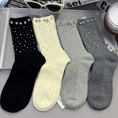 Rhinestone Ribbed Sweet Cotton Socks