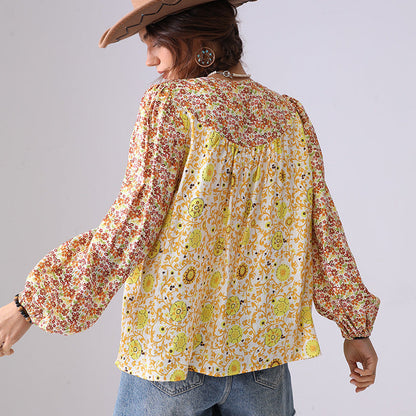 Vintage Floral Print Button Loose Top