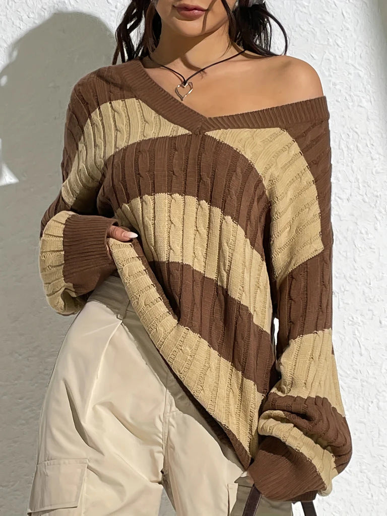 V-Neck Color Block Oversized Pullover Sweater