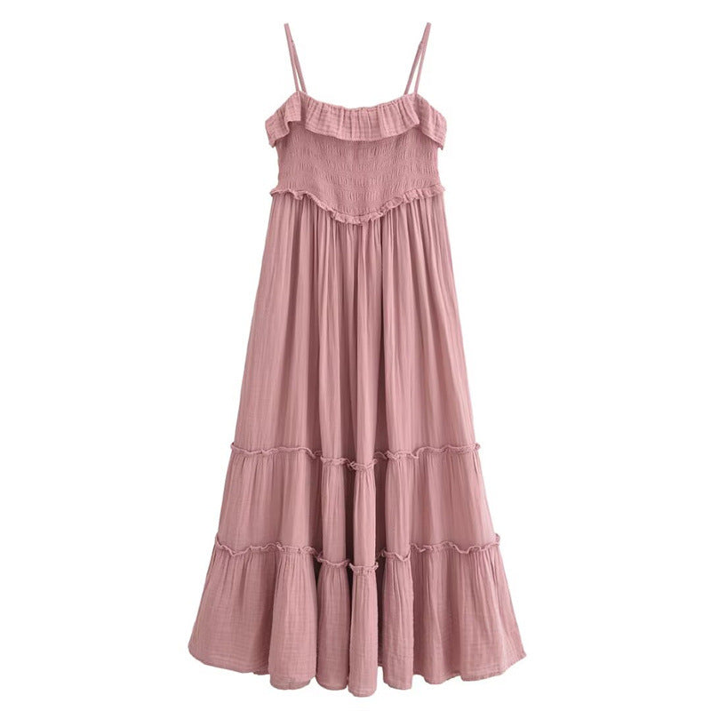 Casual Pleated Spaghetti Strap Ruffle Maxi Dress