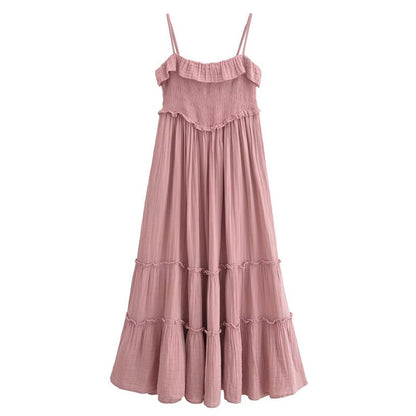 Casual Pleated Spaghetti Strap Ruffle Maxi Dress