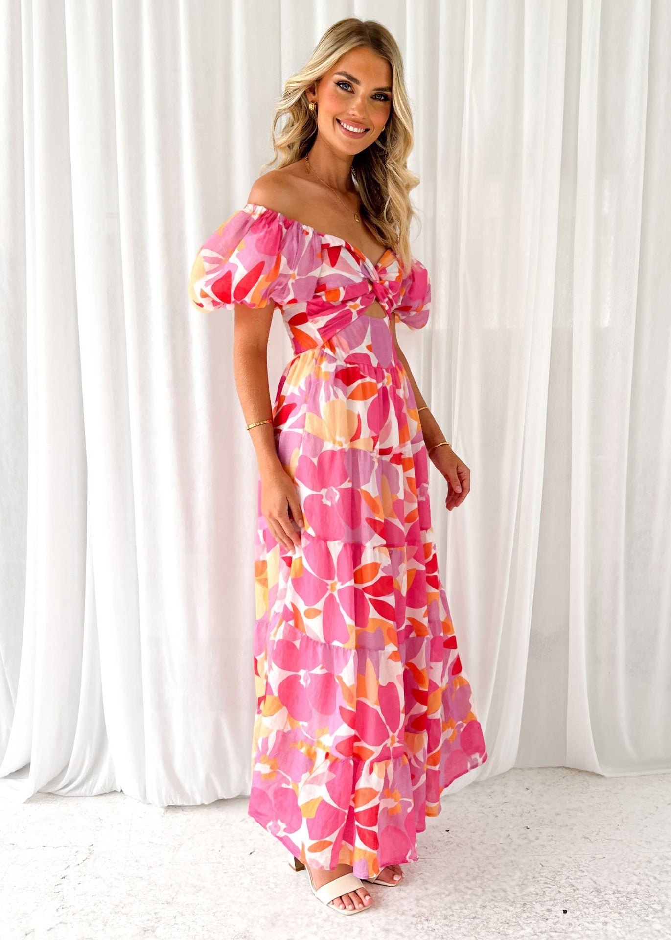 Puffy Sleeves Floral Print Belted Dress
