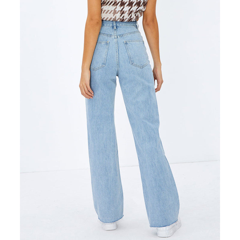 Solid Color High Waist Denim Pants Loose Jeans