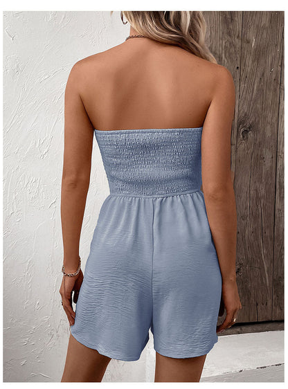 Casual Solid Color Strapless Short Jumpsuit