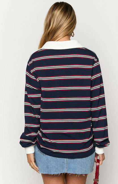 Color Block Lapel Collar Striped Pullover Top