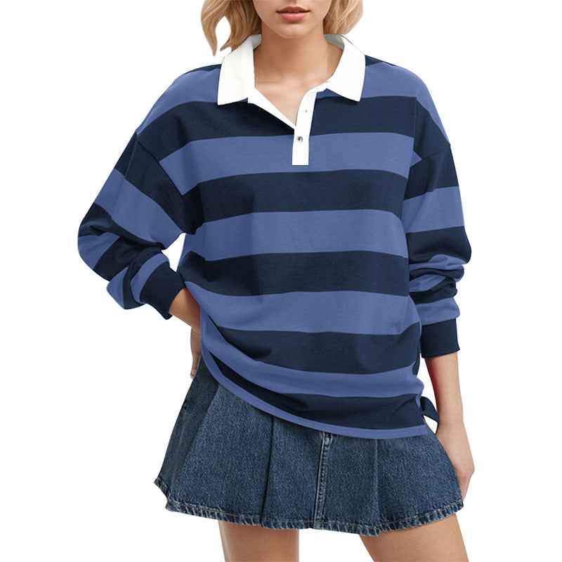Striped Lapel Collar Long Sleeve Casual Top