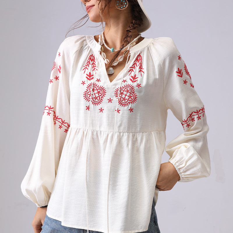 Flower Embroidered V-Neck String Top
