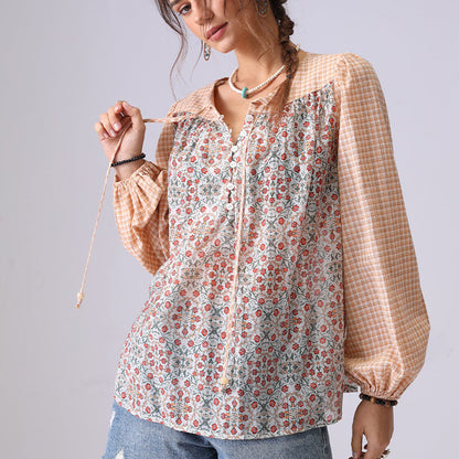 Floral Print Plaid String Pullover Shirt