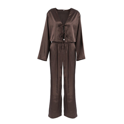 2 Piece Satin Tie Front Longewear Pajamas Set