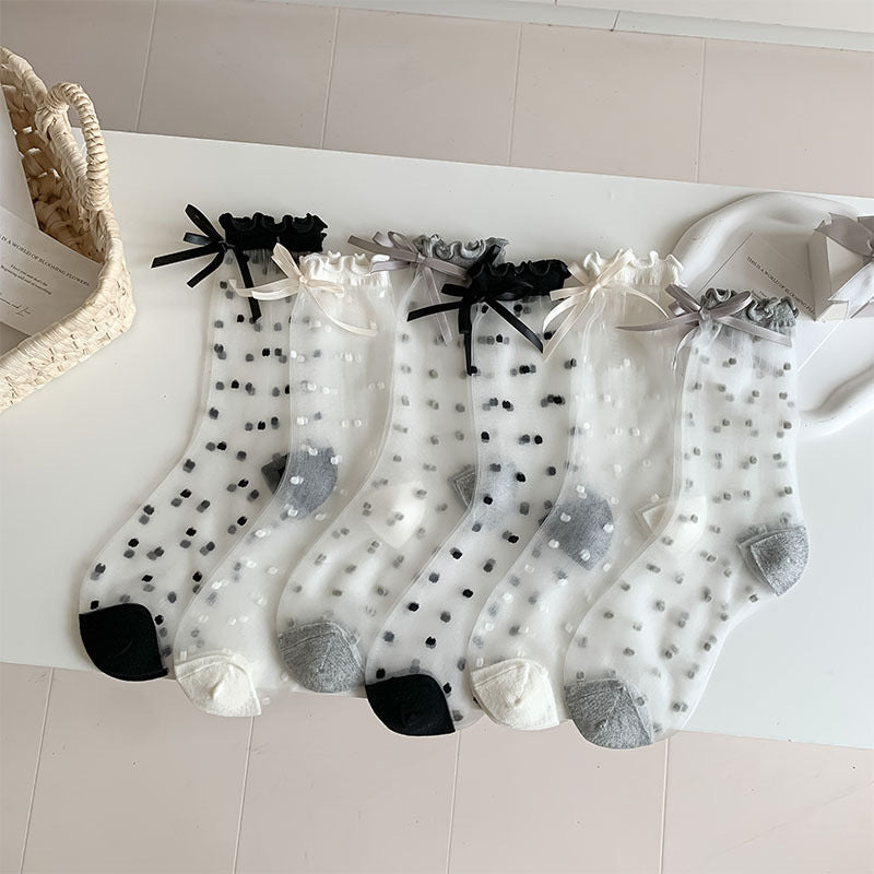 Bow Polka Dot Mesh Thin Socks