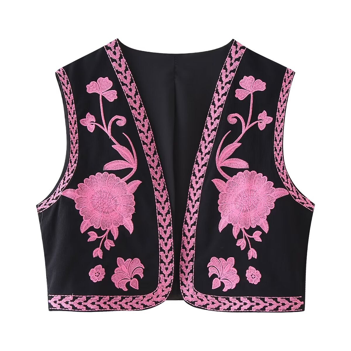 Flower Embroideries Open Front Elegant Vest