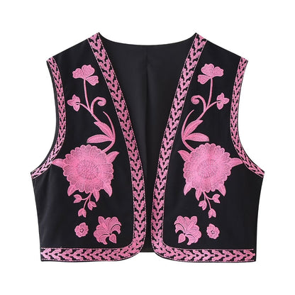 Flower Embroideries Open Front Elegant Vest
