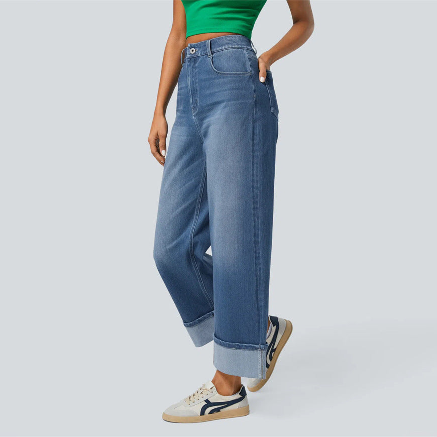 Washed High Waist Casual Straight Leg
