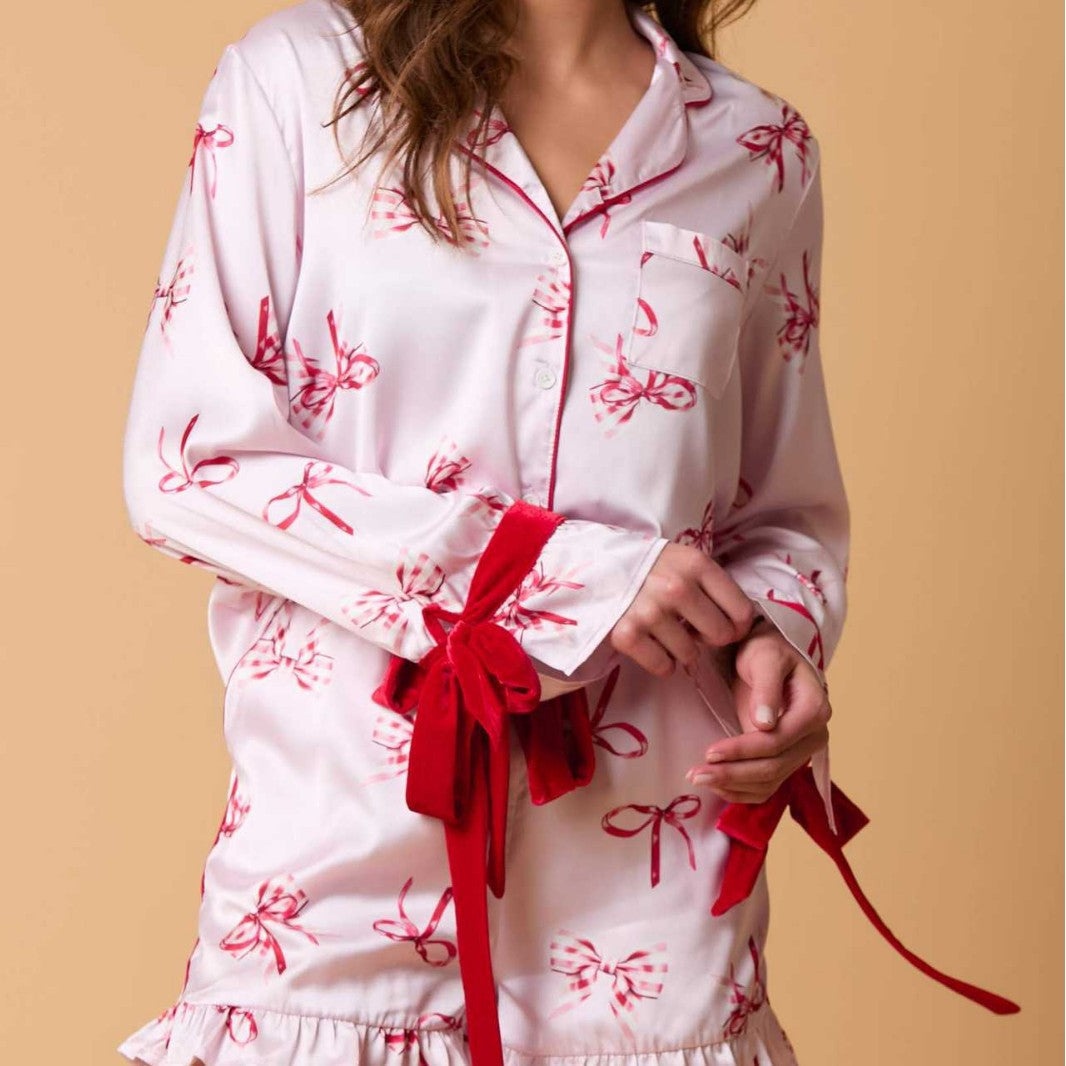 2 Pcs Cute Flower Print Satin Ruffled Pajamas Set
