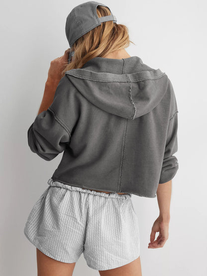 Solid Color Short Loose Hooded Sweatshirt