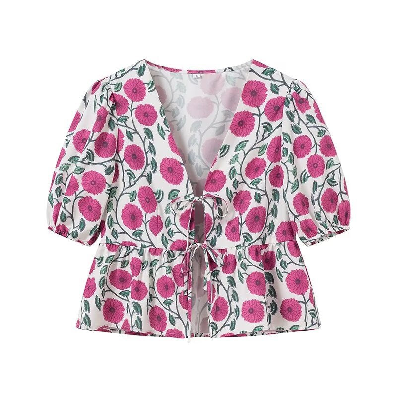 Trendy Flower Printed Tie Front Crop Top