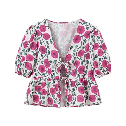 Trendy Flower Printed Tie Front Crop Top