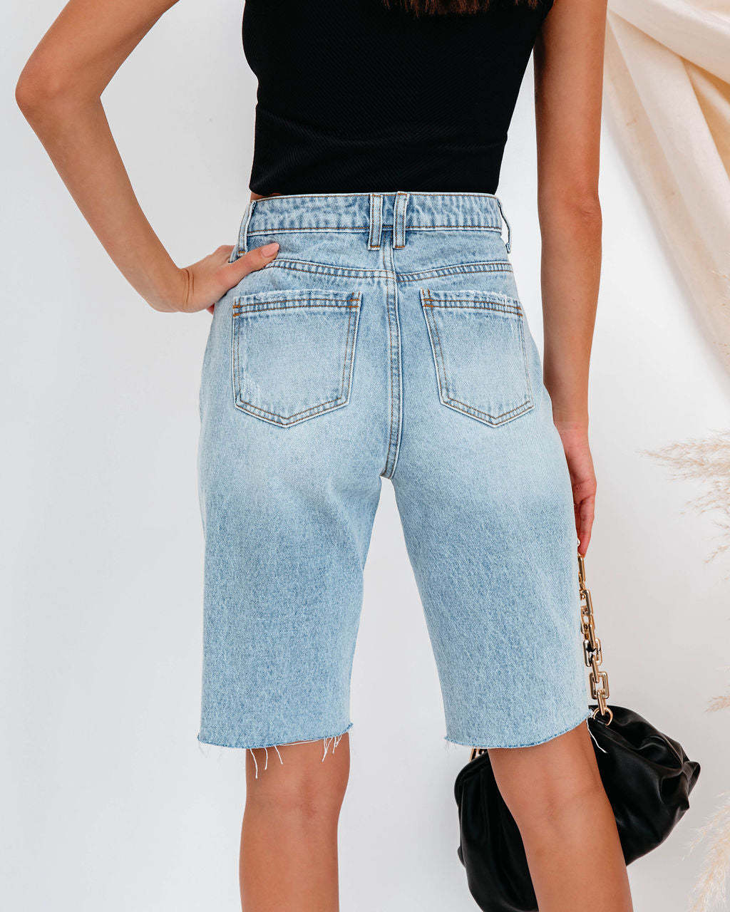 Washed Ripped Straight Leg Denim Shorts