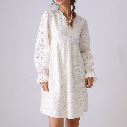 Hollow Lace Ruffle V-Neck Mini Dress
