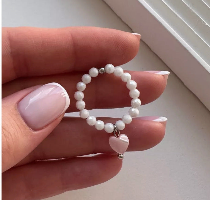Shell Bead Heart Pendant Stackable Ring