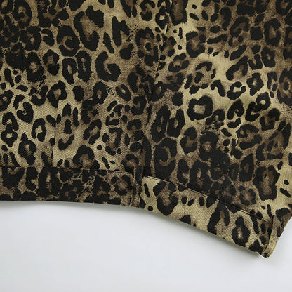 Retro Leopard Print Slim Denim Shorts