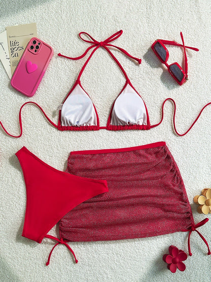 3PCS Backless Sexy Halter Bikini Swimwear