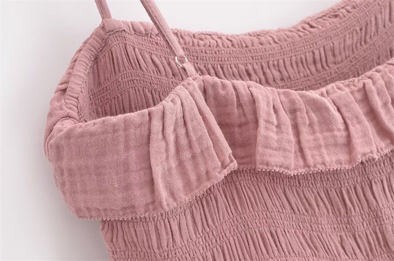 Casual Pleated Spaghetti Strap Ruffle Maxi Dress