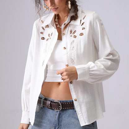 Hollow Embroidered Lapel Button Down Shirt