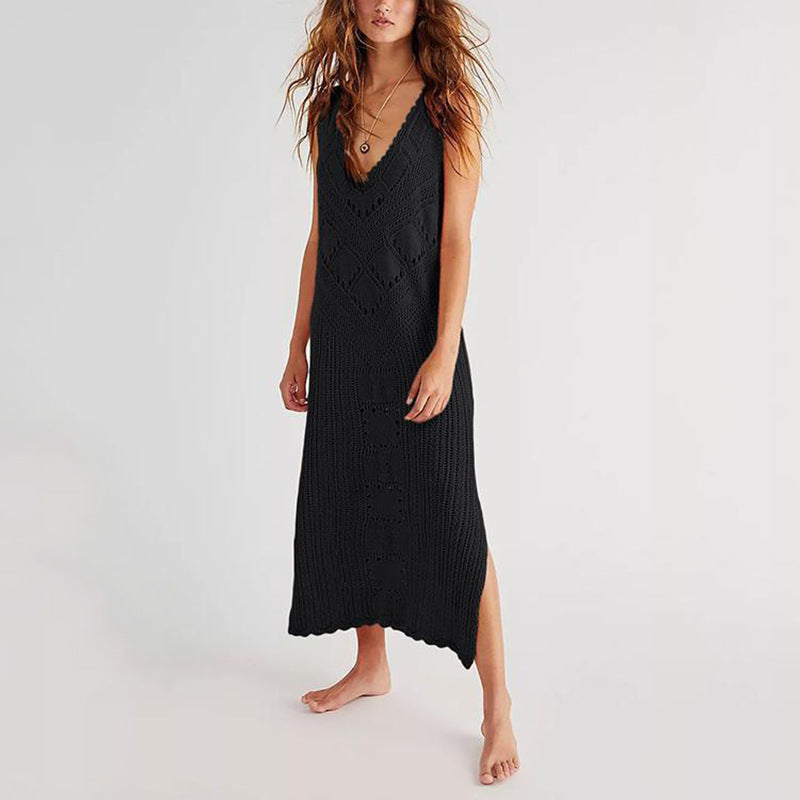 Solid Color Loose Knit Swim Cover Up Dress
