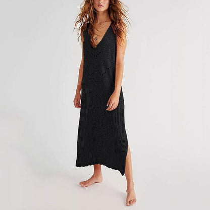 Solid Color Loose Knit Swim Cover Up Dress