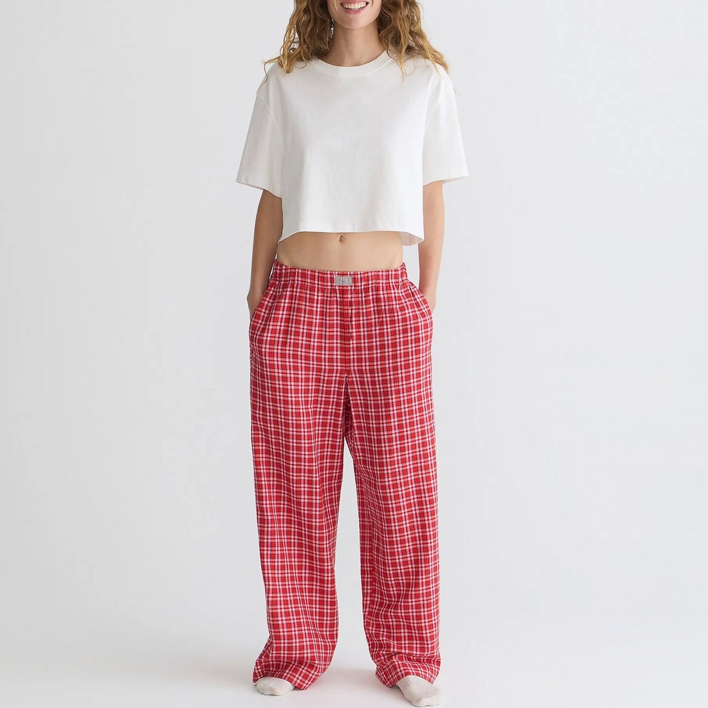 Plaid Loose Pockets Wide Leg Pants