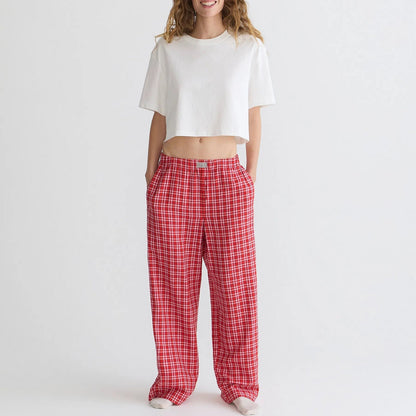 Plaid Loose Pockets Wide Leg Pants