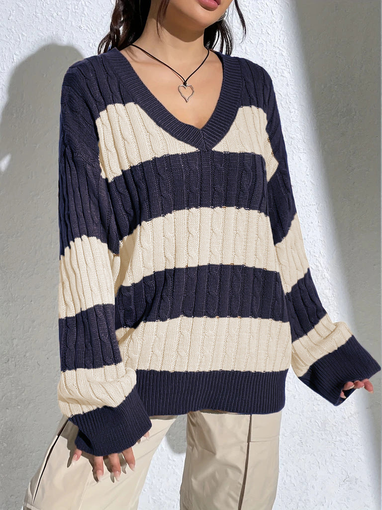 V-Neck Color Block Oversized Pullover Sweater