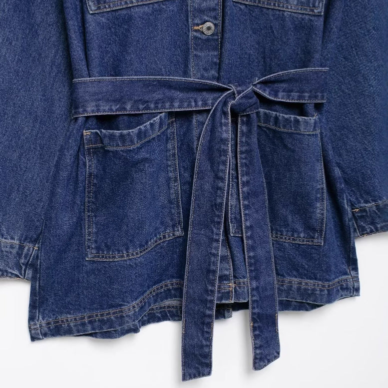 Lapel Collar Tie Waist Casual Denim Jacket