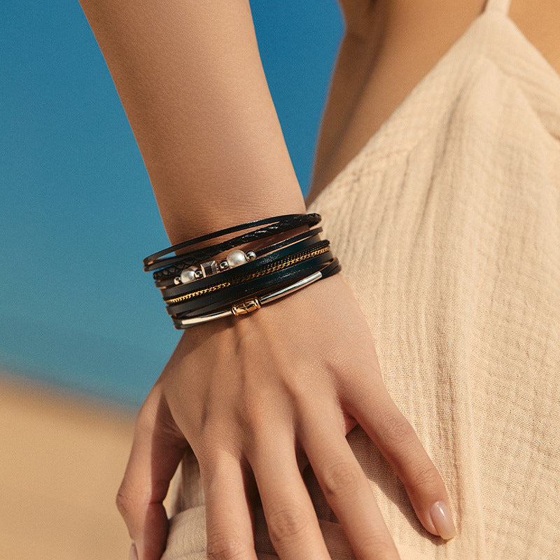 Vintage Pearl Layered Leather Bracelets