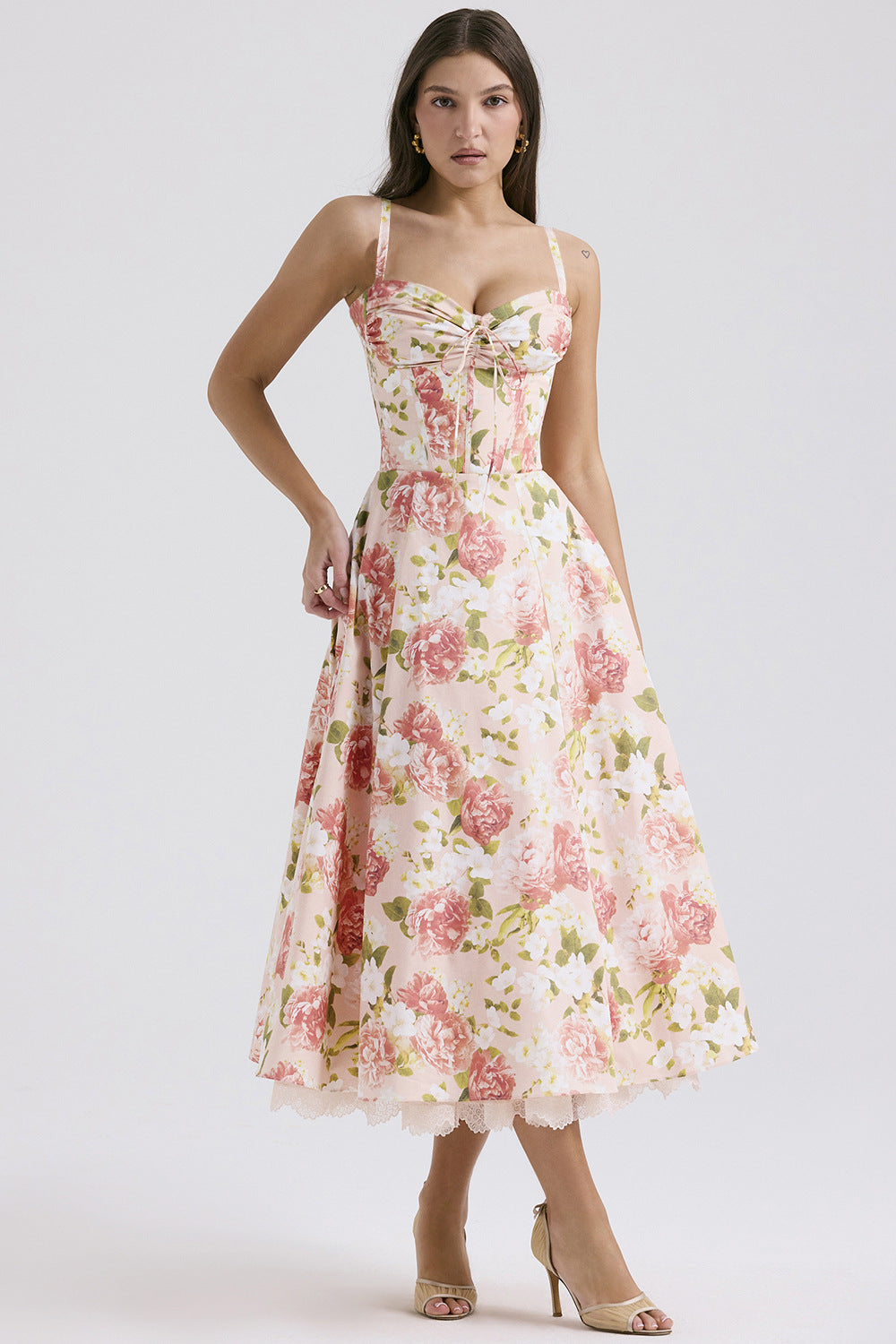 Slim Flower Print Lace Spaghetti Dress