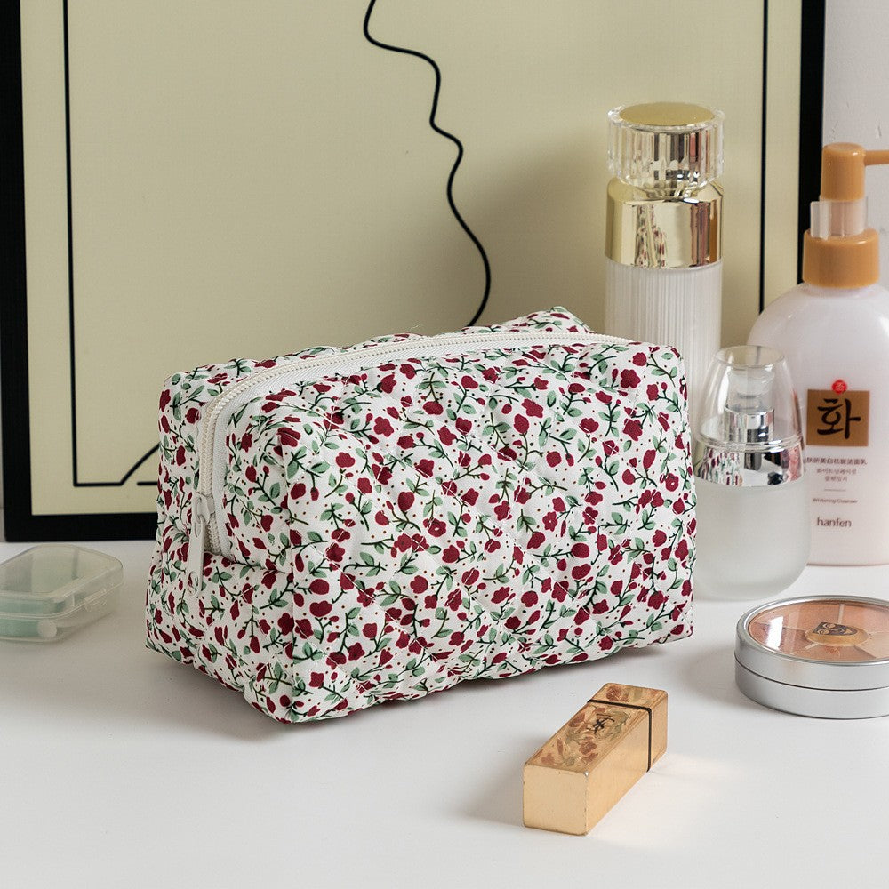 Floral Print Square Quilted Makeup Bag