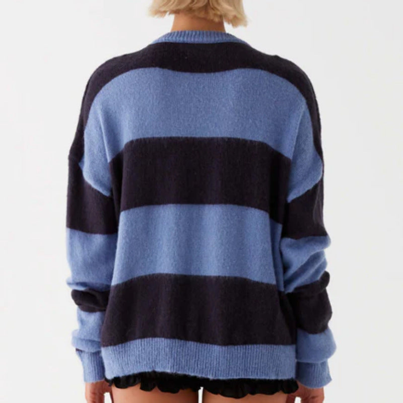 Round Neck Color Block Striped Cozy Sweater